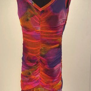 Brightly multi colored one piece fitted dress